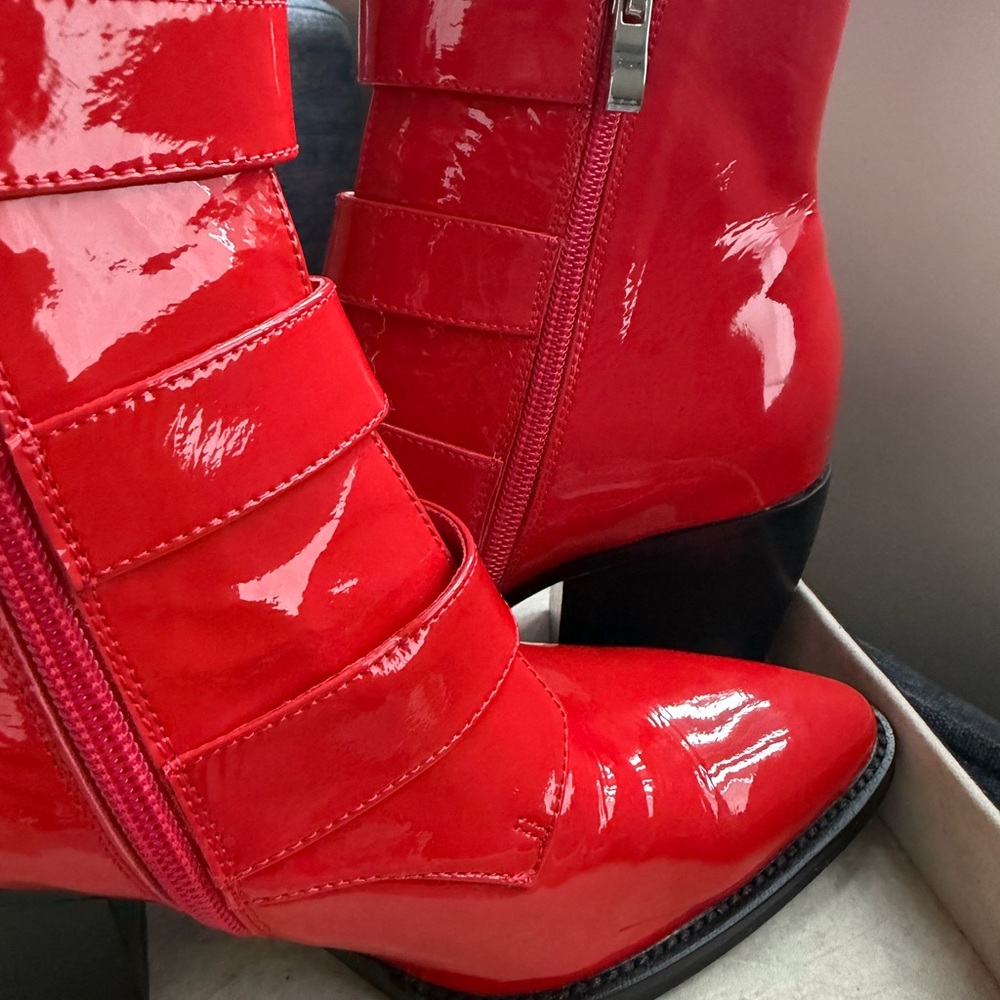 Django & Juliette Marzena Buckled Red Patent Leather Ankle Boots - Picture 4 of 16